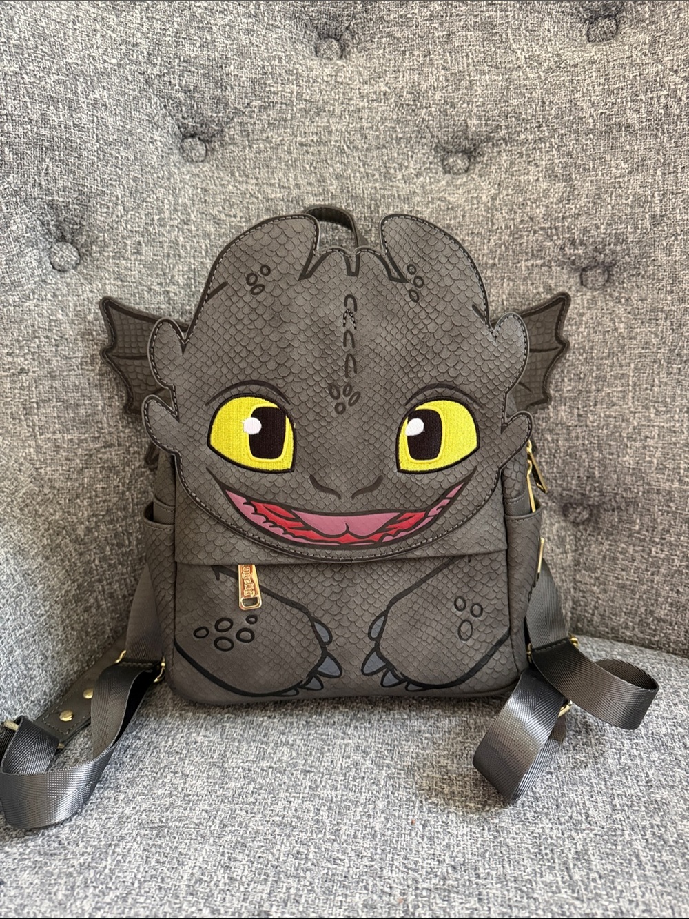 Loungefly Toothless Dragon Mini Backpack in Charcoal Gray with Gold Hardware
